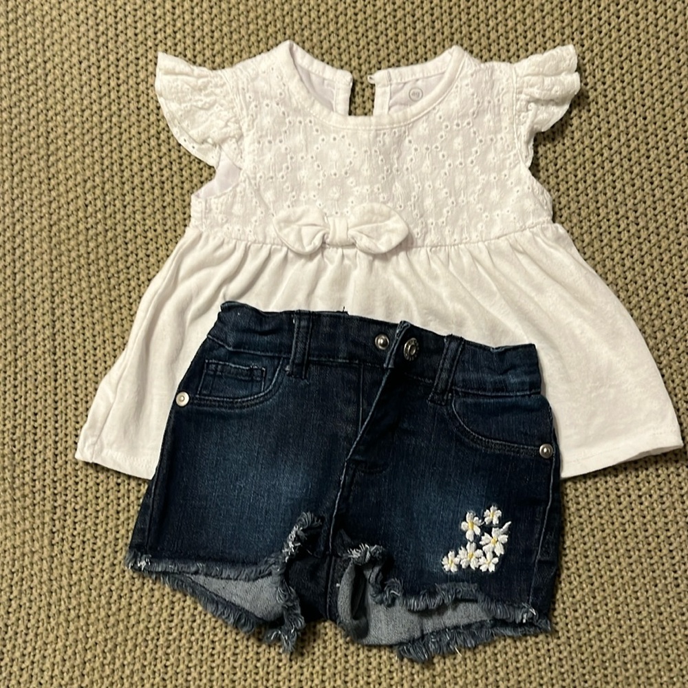 AG/Adriano Goldschmeid Kids. White eyelet shirt with jean short.